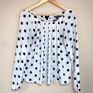 Forever 21 White Polka Dot Long Sleeve Blouse Shirt Flowy Lightweight Top Bow